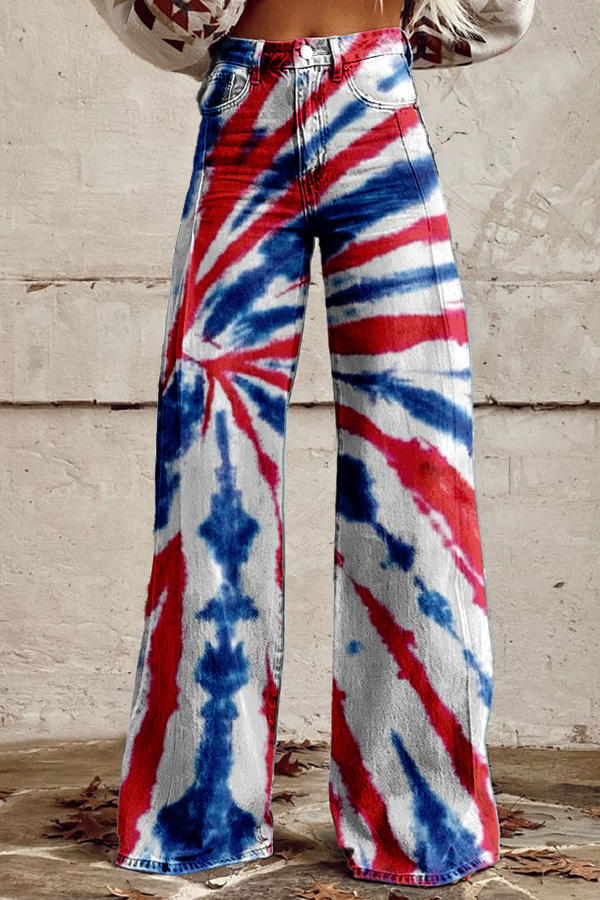 Women's pants | Red Blue Contrasting Tie Dye Wide Leg Pants |mywesternoutfit