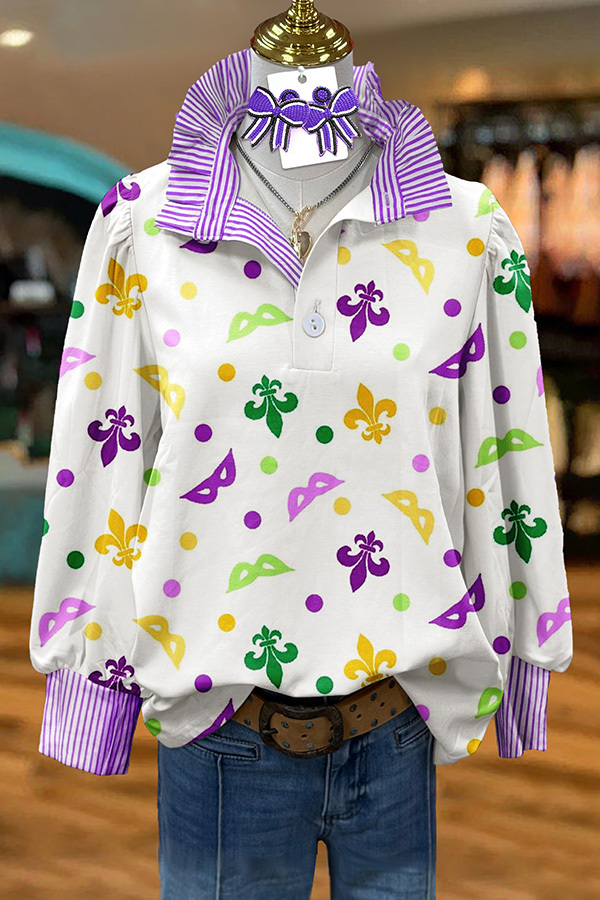 Women's blouse | Cute Mardi Gras Print Puff Sleeve Blouse |mywesternoutfit