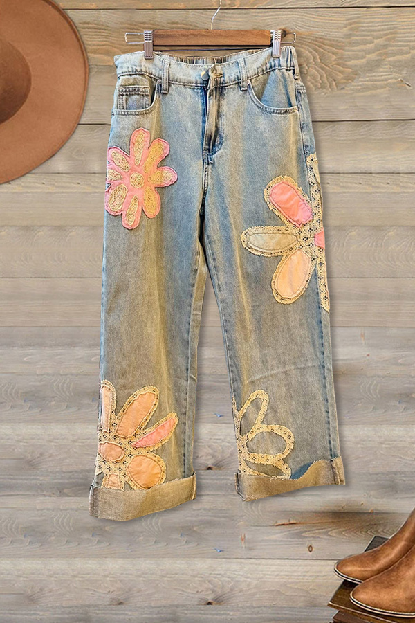 Women's jeans | Sweet Floral Patch Jeans |mywesternoutfit