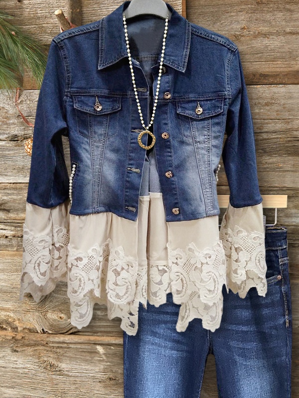 Vintage Denim Crochet Floral Patch Jacket