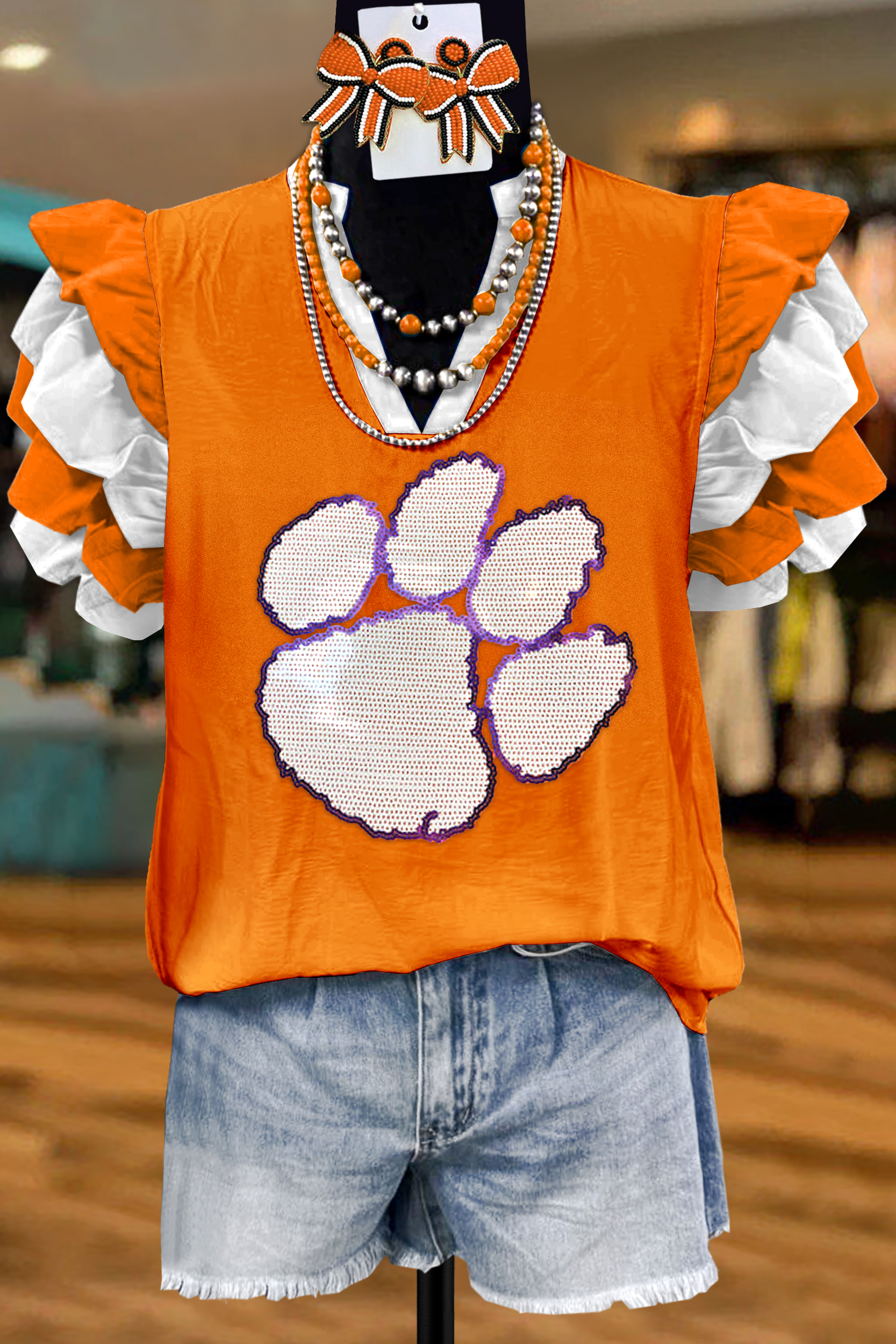 Classic Clemson Tigers Sequined Fly Sleeve Top