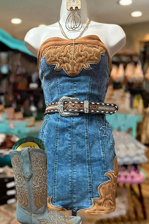 Women's dress | Vintage Boot Stitch Print Denim Dress |mywesternoutfit
