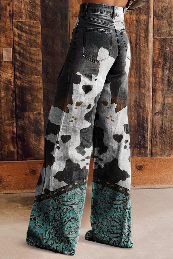 Vintage Cow Print Wide Leg Pants