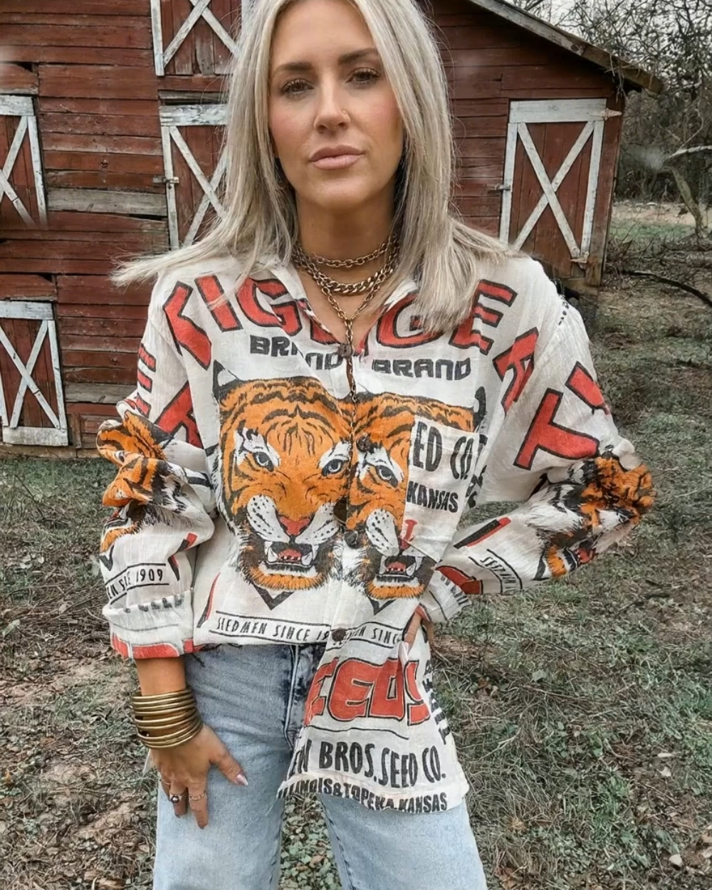 Stylish And Cozy Linen Tiger Print Shirt