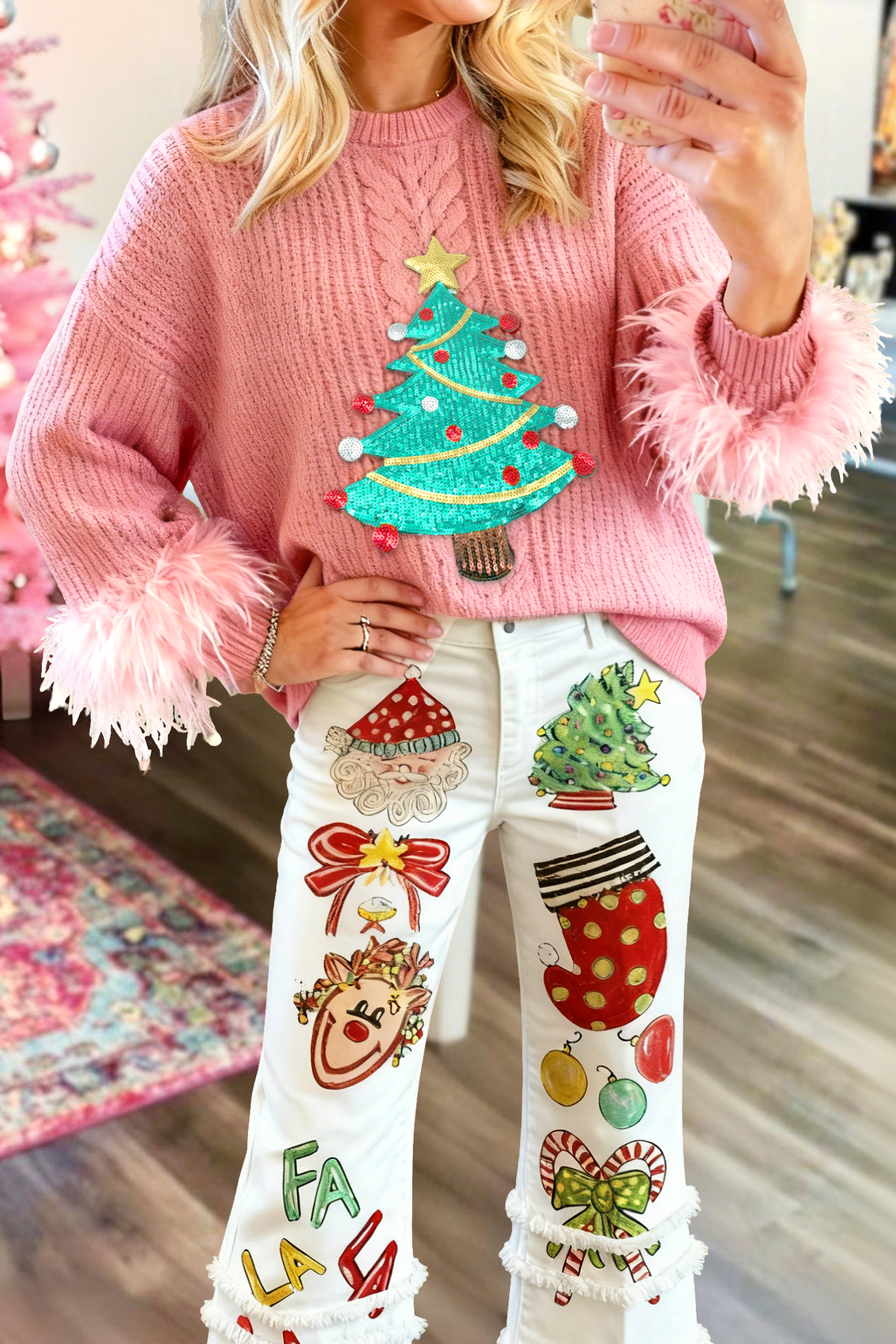 Sweet Christmas Tree Sequin Turkey Feather Sweater