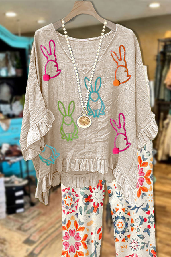 Women's top | Elegant Contrast Ruffled Easter Bunny Blouse |mywesternoutfit