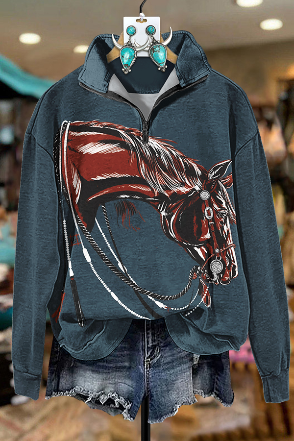 Retro Horse Print Zipper Sweatshirt