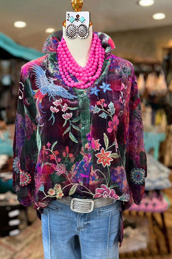 Women's top | Vintage Velvet Contrast Button Shirt |mywesternoutfit