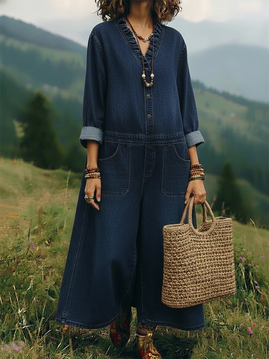 Casual Washed Denim Wide-leg Jumpsuit
