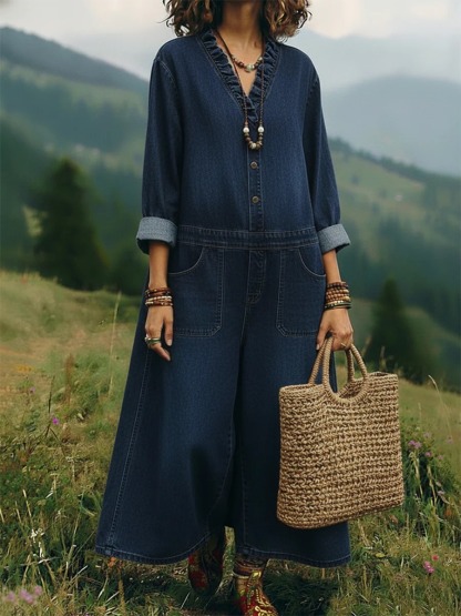 Casual Washed Denim Wide-leg Jumpsuit