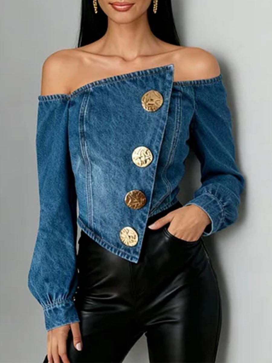 Women's Off-the-shoulder Long-sleeved Loose-fitting Denim Top