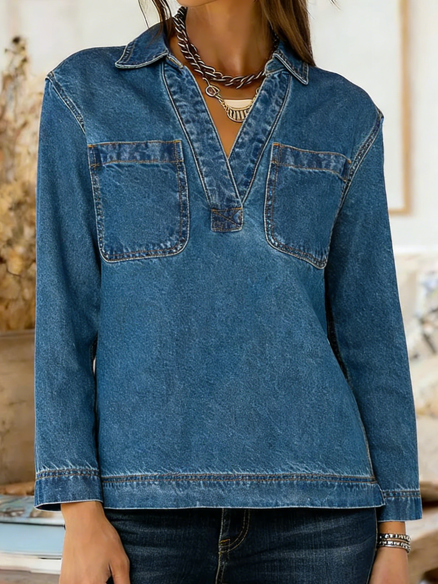 Women's Casual Pocket Cotton Denim Shirt Top