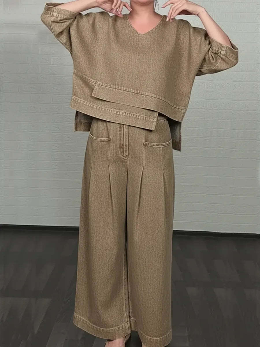 Women's Casual Denim Cotton Top And Pants Two-piece Set