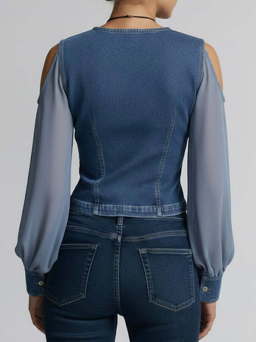 Women's V-neck Long-sleeved Casual Loose Denim Patchwork Top