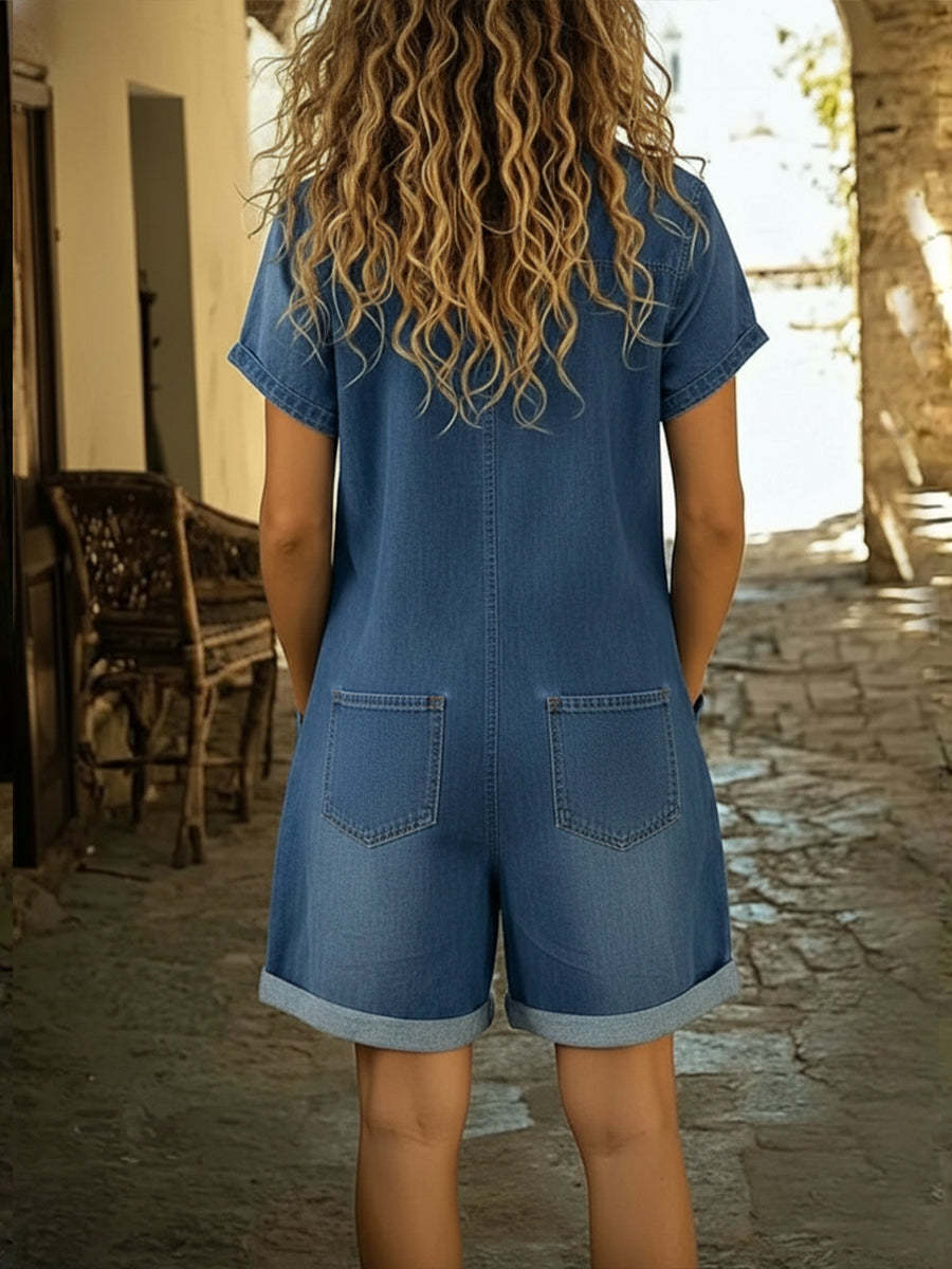 Women's Casual Cotton Denim Jumpsuit Shorts