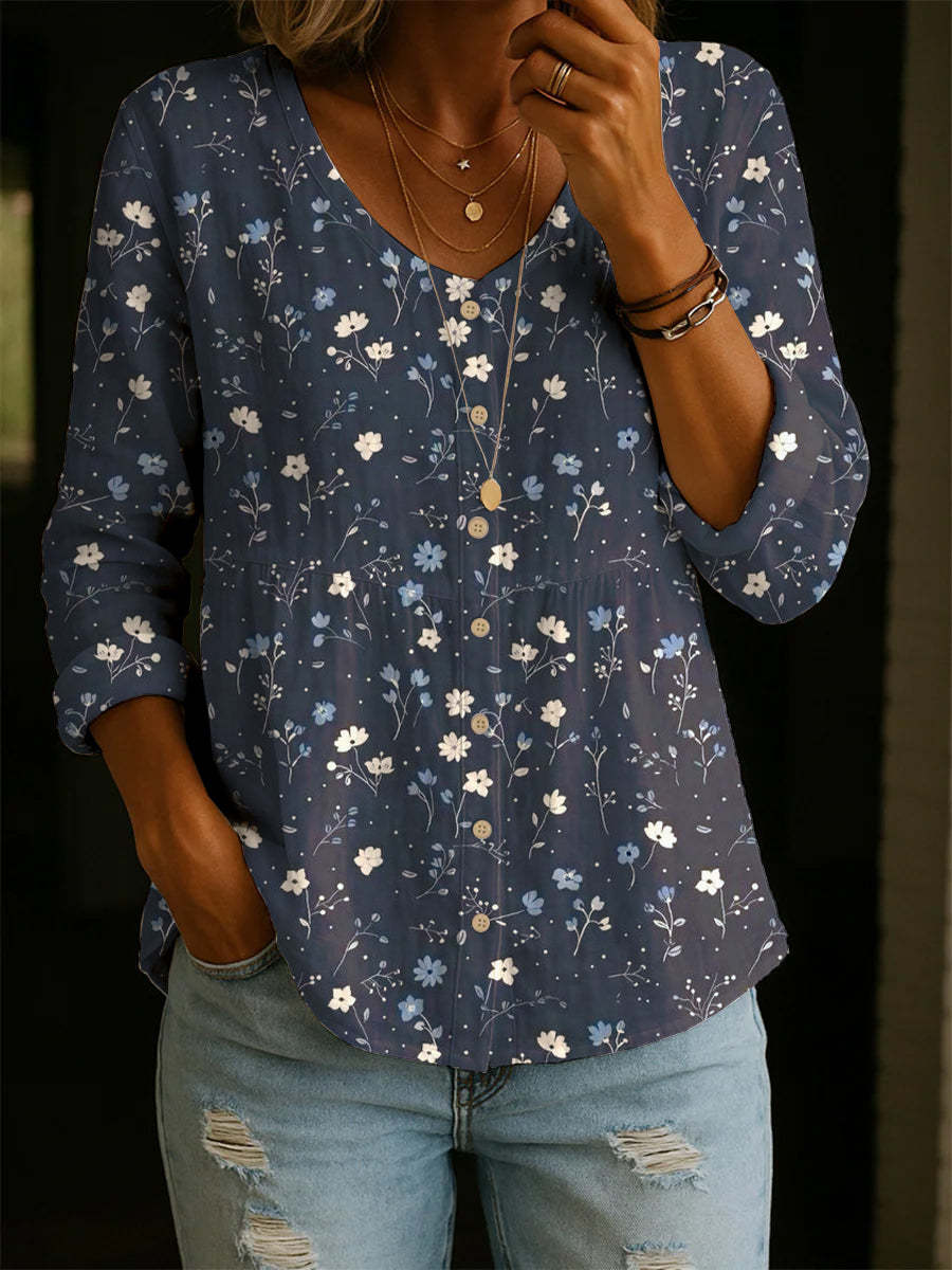 Women's Small Floral Art Print Casual Cotton Shirt