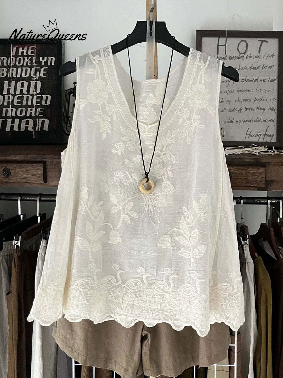 Women's Vintage Lace Sleeveless Cotton And Linen Vest Top