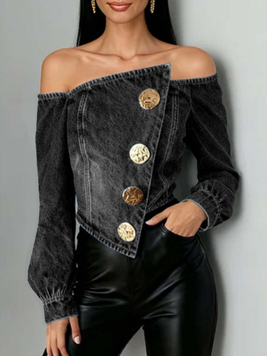 Women's Off-the-shoulder Long-sleeved Loose-fitting Denim Top
