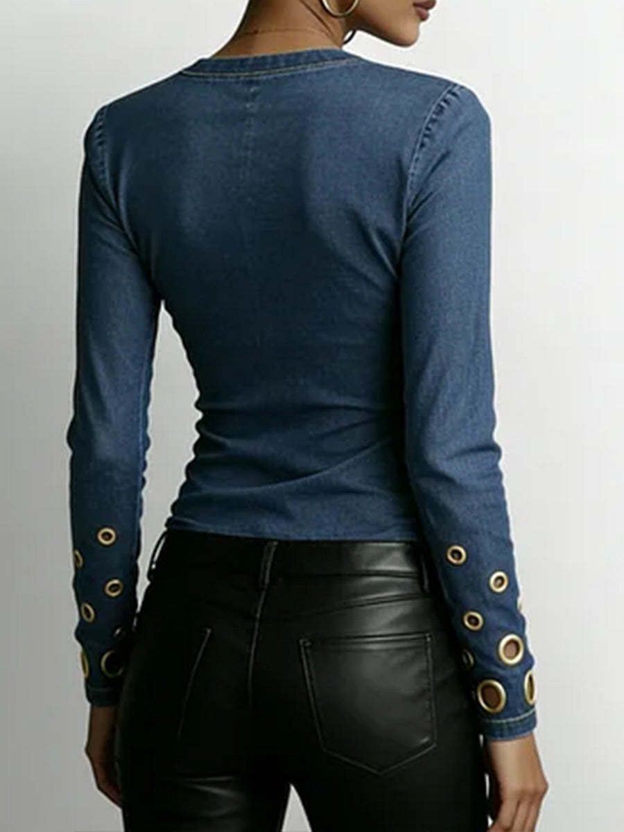 Women's Denim-look V-neck Long-sleeved Casual Loose-fitting Top