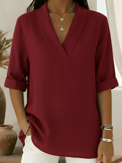 Vintage Elegant Shawl Collar Linen Short-sleeved Shirt