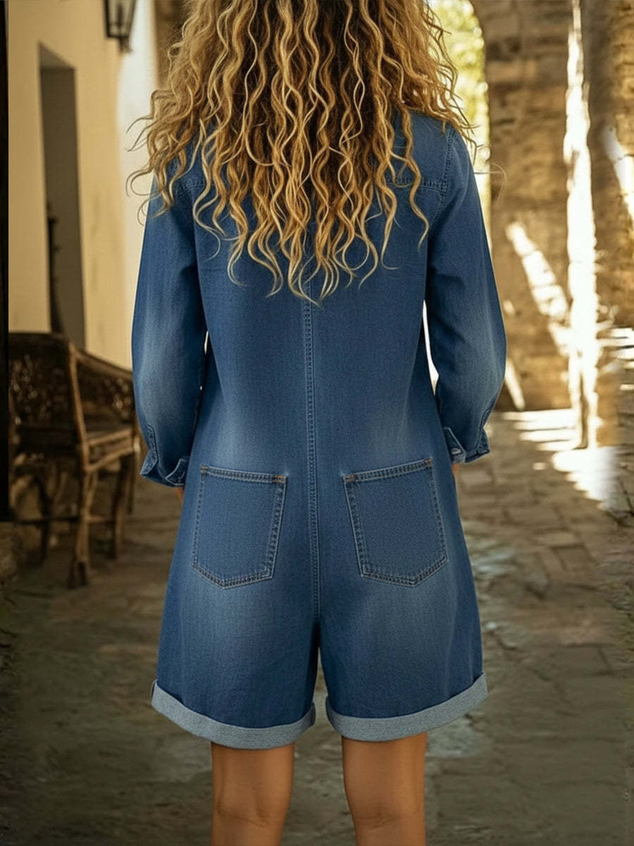 Women's Casual Cotton Denim Jumpsuit Shorts