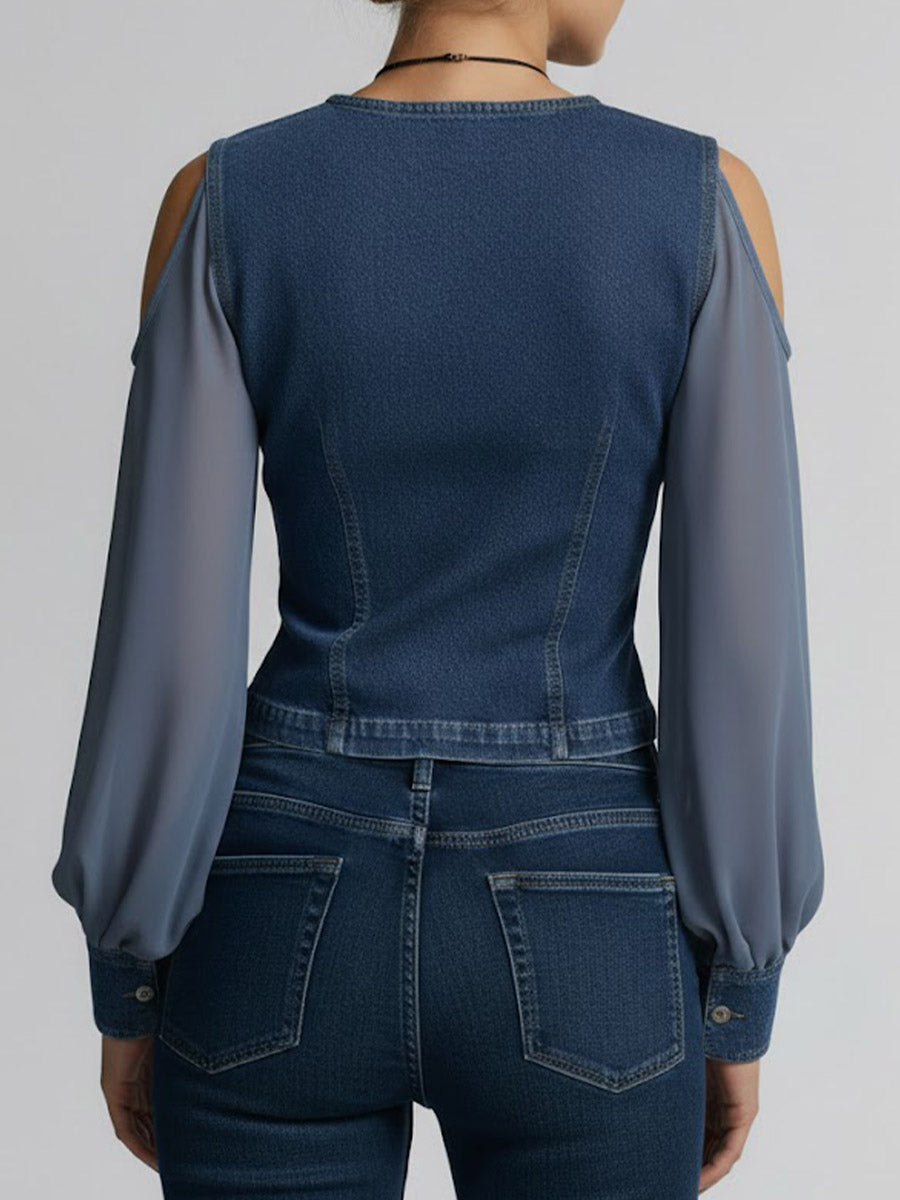 Women's V-neck Long-sleeved Casual Loose Denim Patchwork Top