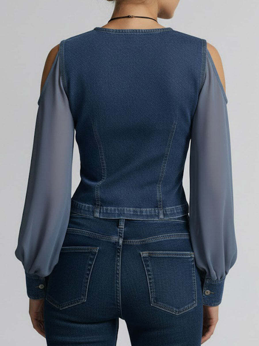 Women's V-neck Long-sleeved Casual Loose Denim Patchwork Top
