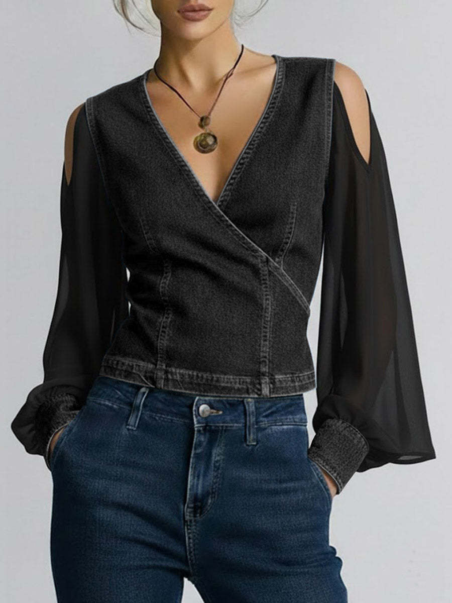 Women's V-neck Long-sleeved Casual Loose Denim Patchwork Top