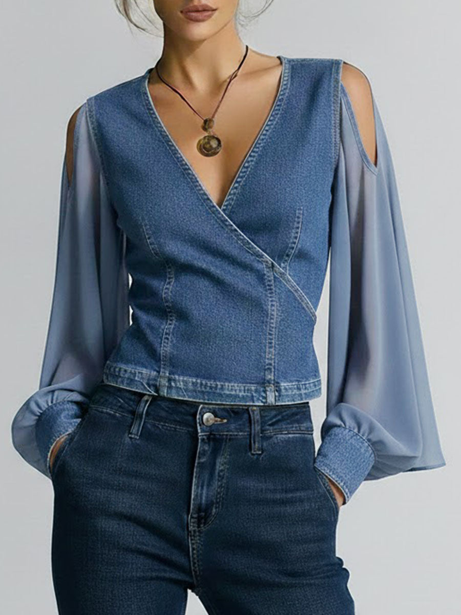 Women's V-neck Long-sleeved Casual Loose Denim Patchwork Top