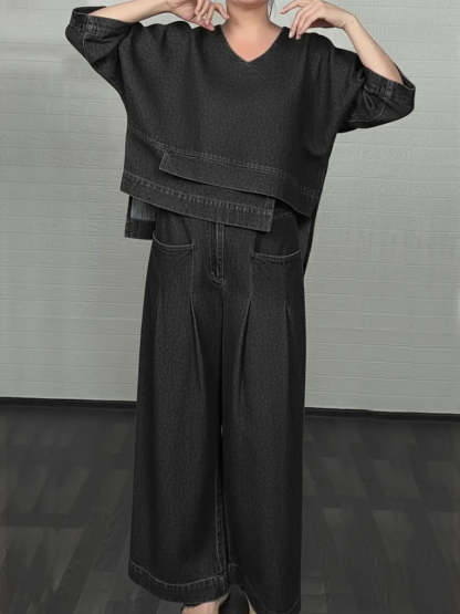 Women's Casual Denim Cotton Top And Pants Two-piece Set