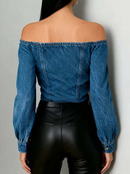 Women's Off-the-shoulder Long-sleeved Loose-fitting Denim Top