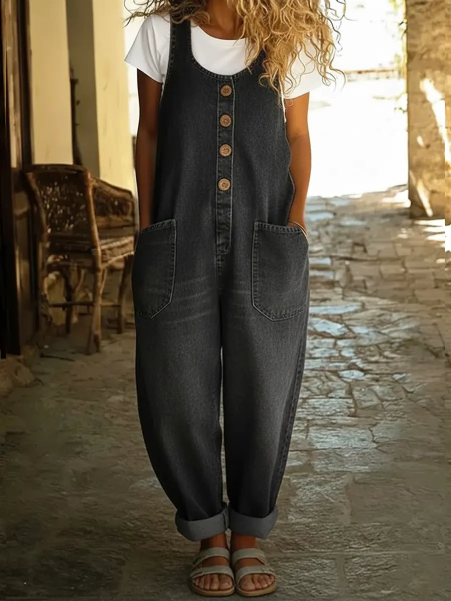 Women's Casual Cotton Vest And Denim Jumpsuit