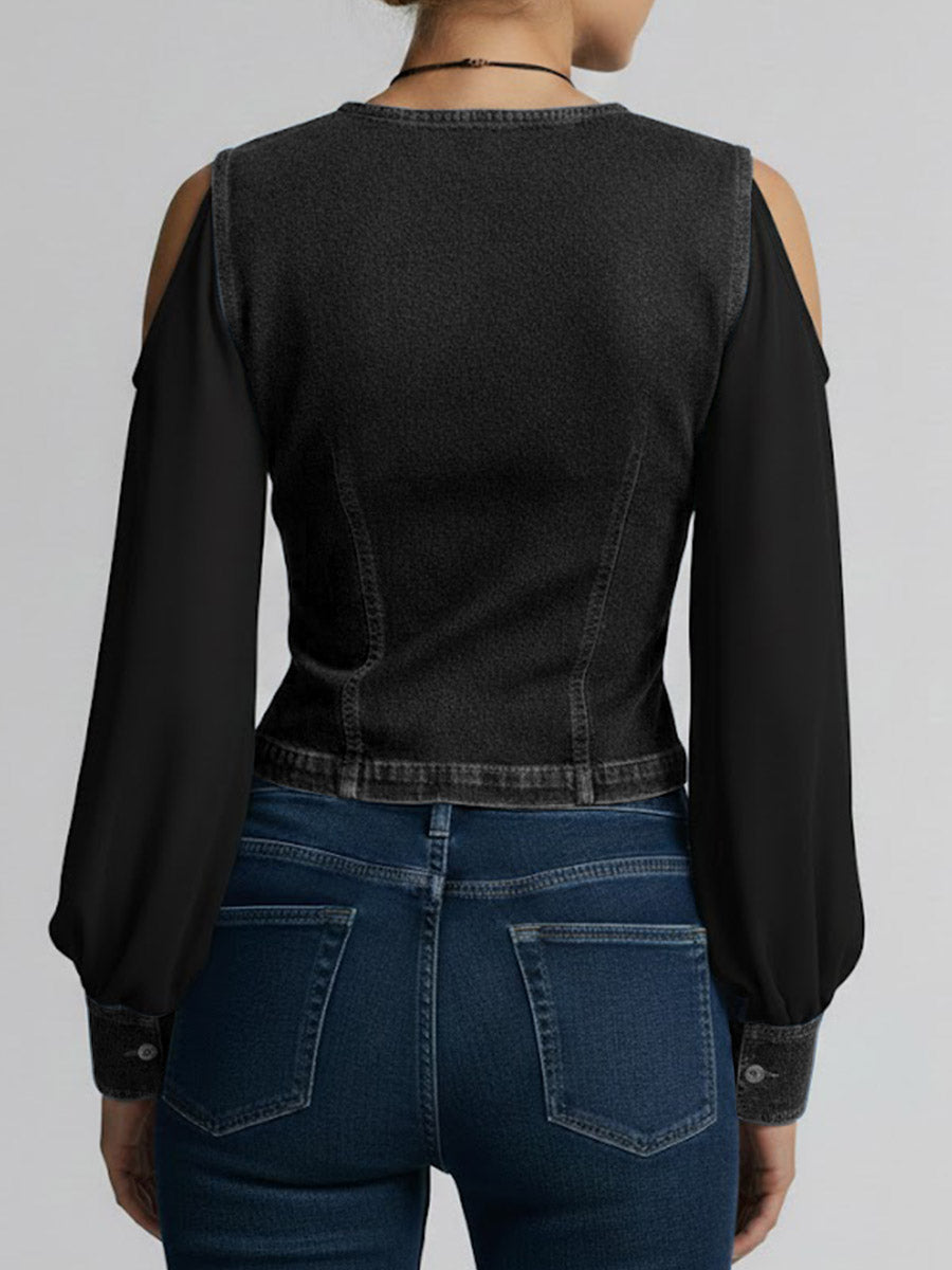 Women's V-neck Long-sleeved Casual Loose Denim Patchwork Top