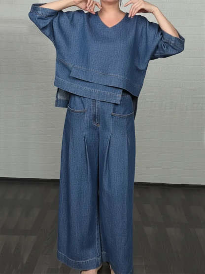 Women's Casual Denim Cotton Top And Pants Two-piece Set