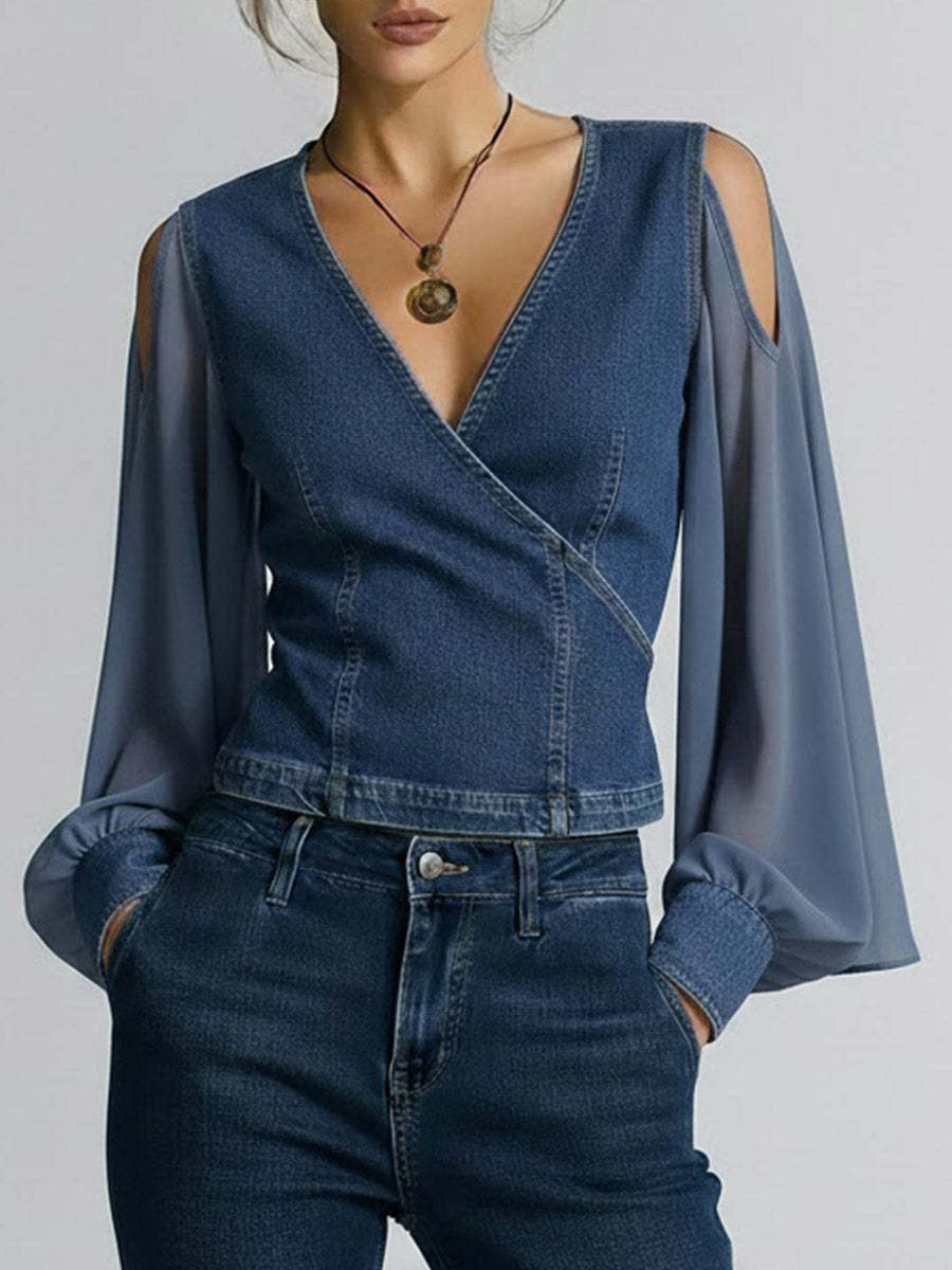 Women's V-neck Long-sleeved Casual Loose Denim Patchwork Top