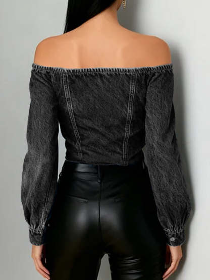 Women's Off-the-shoulder Long-sleeved Loose-fitting Denim Top