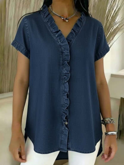 Casual Short-sleeved Denim Shirt With Ruffled Details.