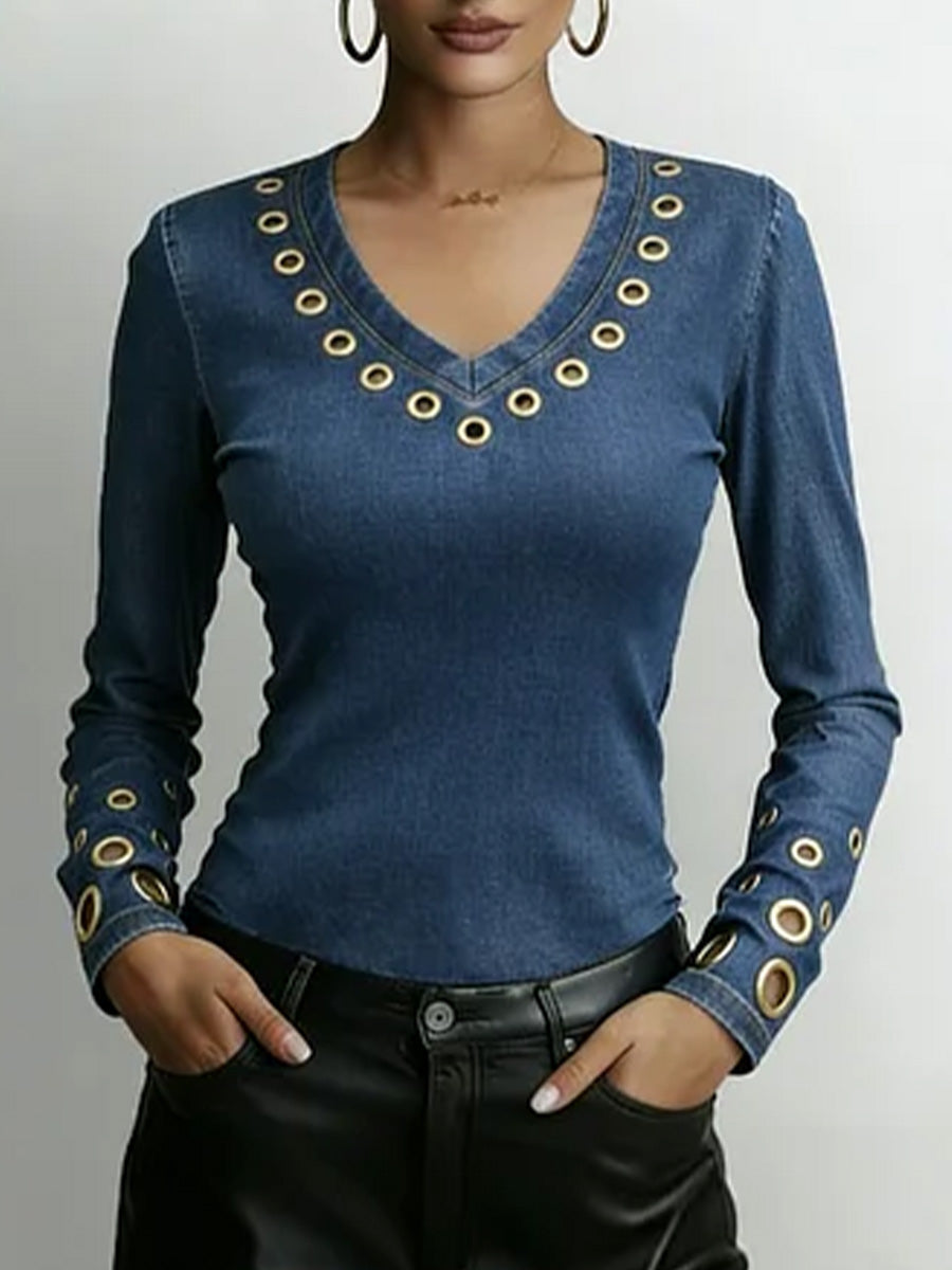 Women's Denim-look V-neck Long-sleeved Casual Loose-fitting Top