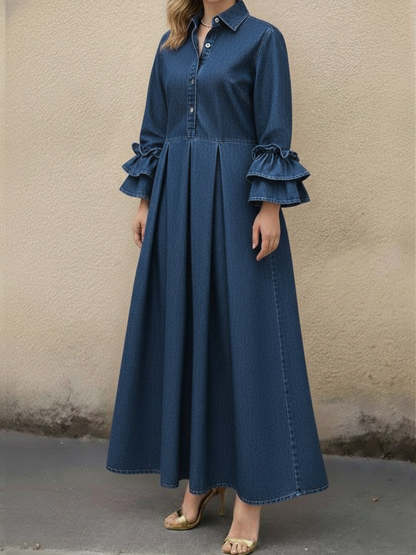 Women's Casual Denim Dress With Ruffled Sleeves