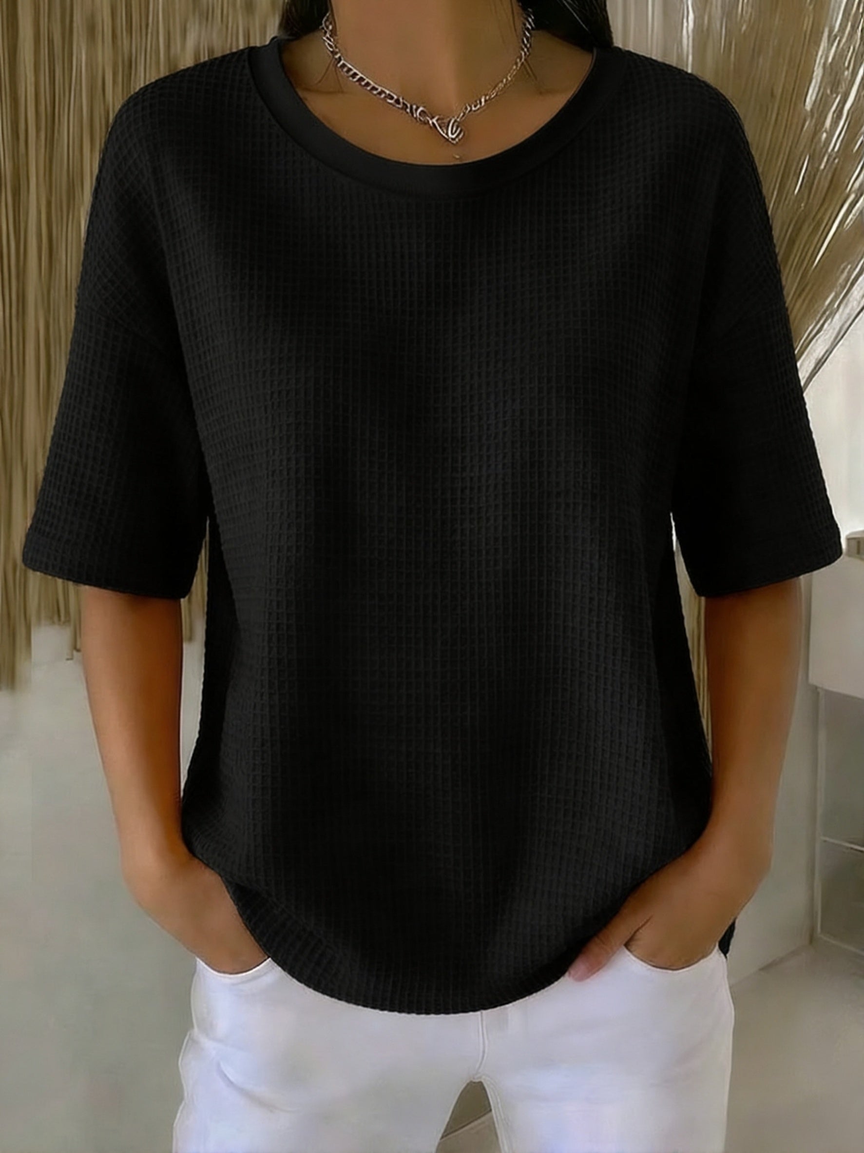 Casual Waffle Henry Collar Sweatshirt