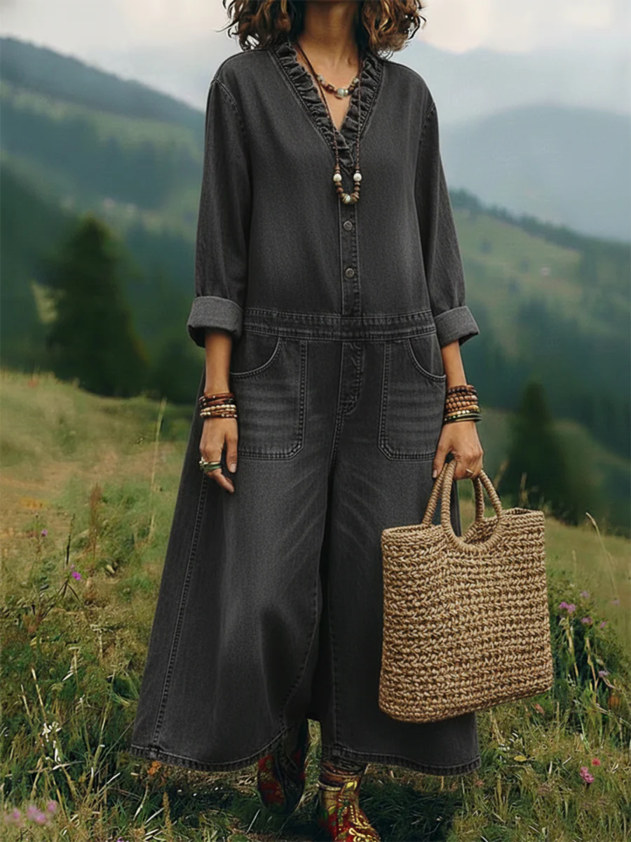 Casual Washed Denim Wide-leg Jumpsuit