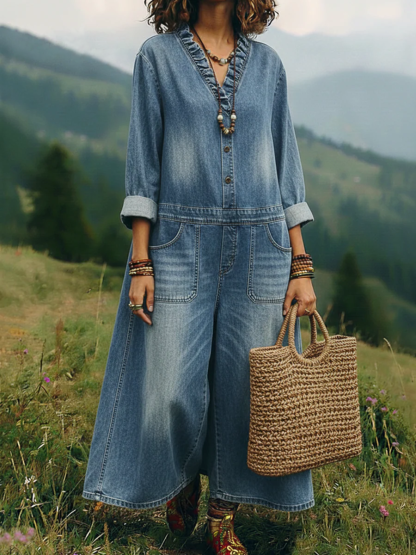 Casual Washed Denim Wide-leg Jumpsuit