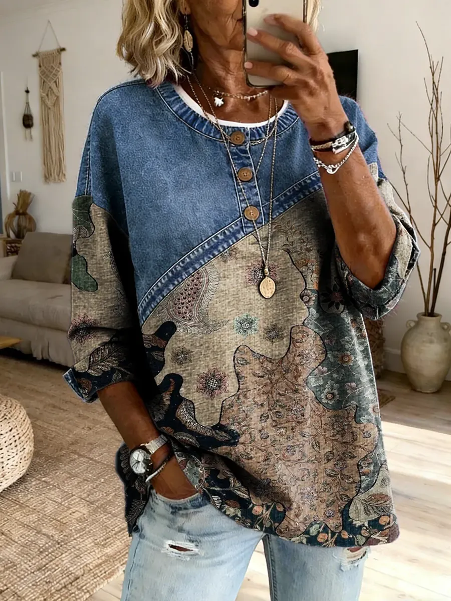 Women's Ethnic Art Print Round Neck Button-down Denim Patchwork Top