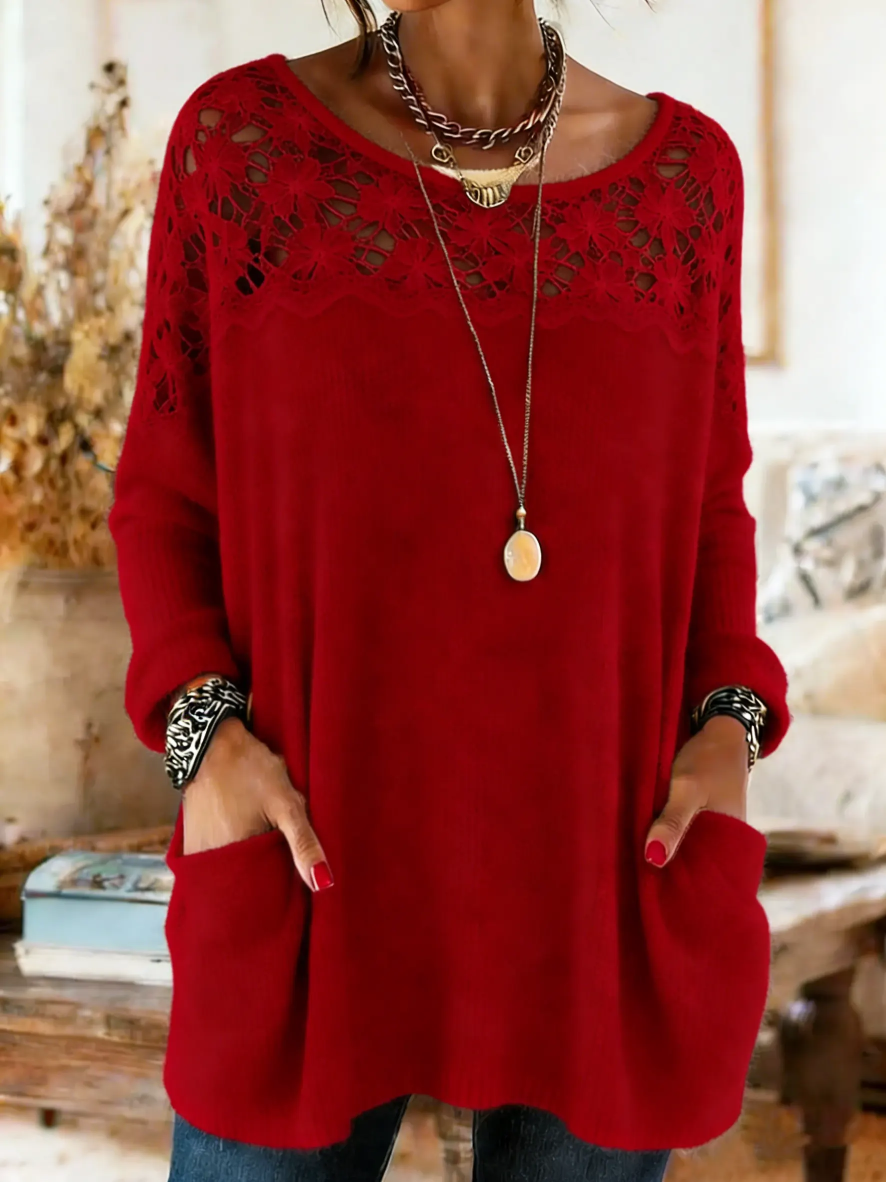 Women's Lace Patchwork Long Sleeve Crew Neck Pocket Sweater