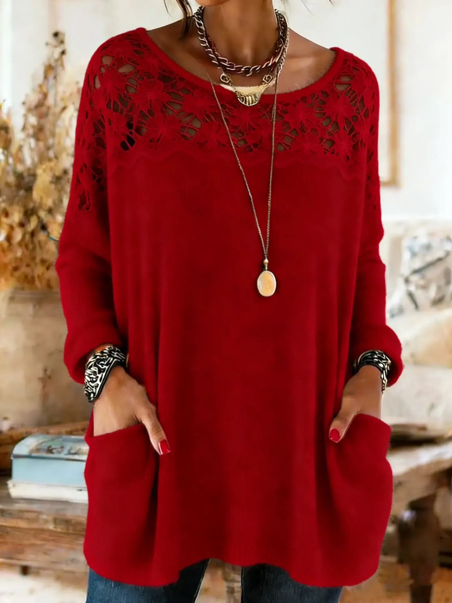 Women's Lace Patchwork Long Sleeve Crew Neck Pocket Sweater