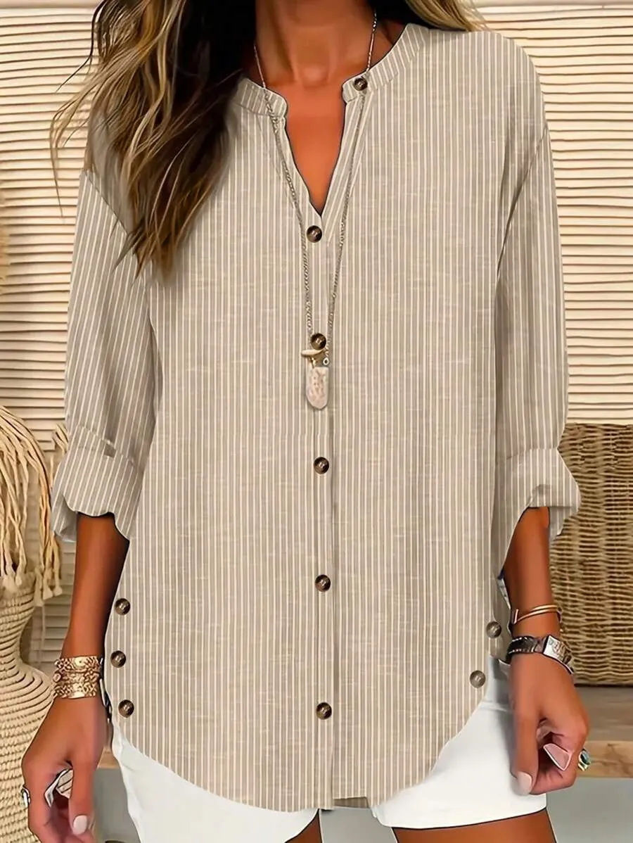 Women's Striped Art Print Casual Long-sleeved Stand Collar Cotton Linen Shirt