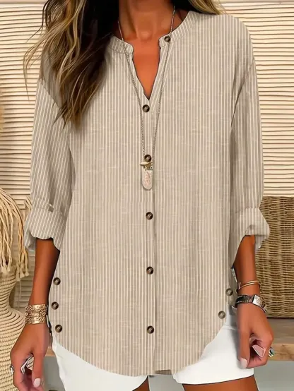 Women's Striped Art Print Casual Long-sleeved Stand Collar Cotton Linen Shirt