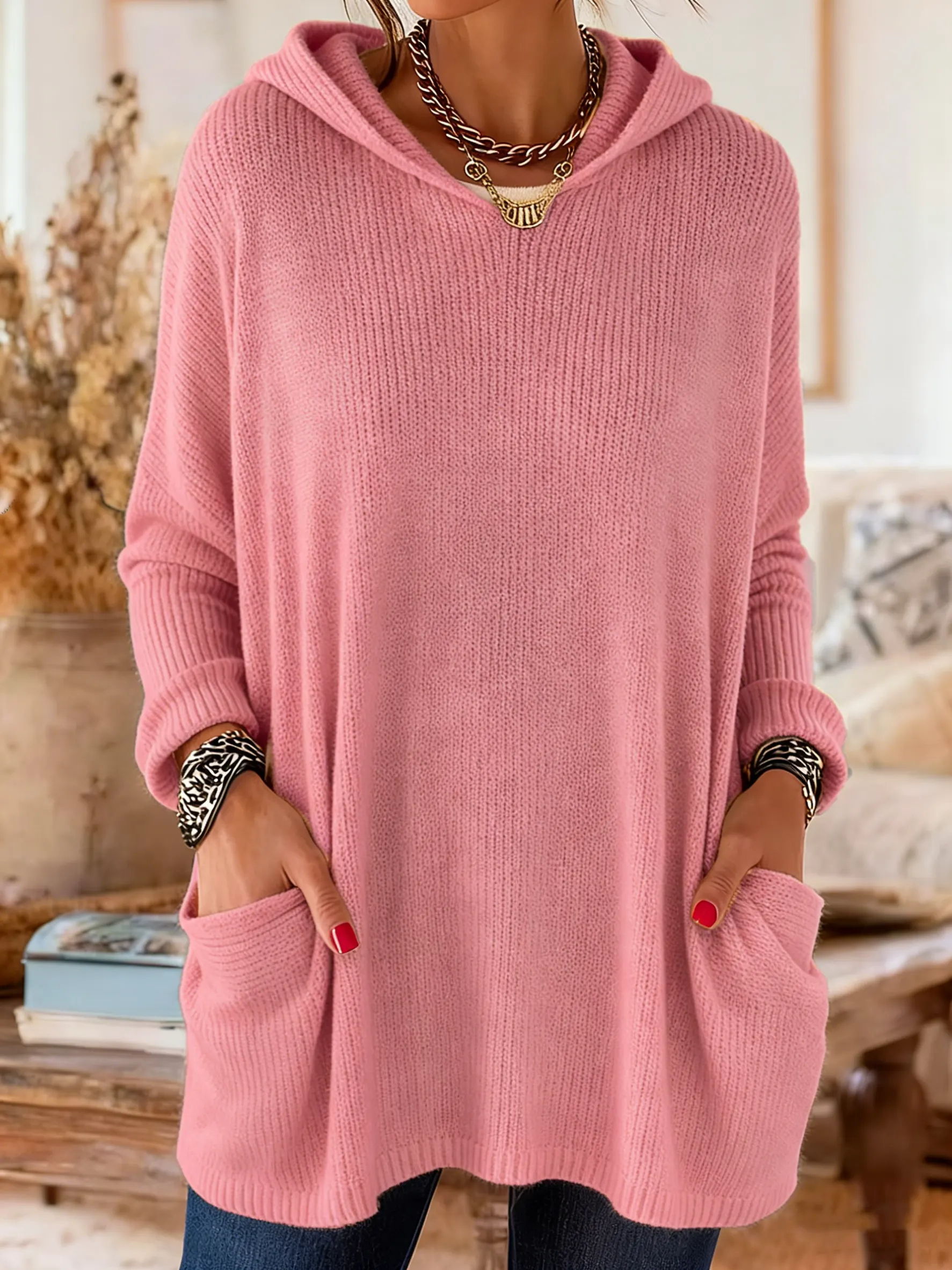 Women's Casual Knitted Pocket Hooded Tunic Top
