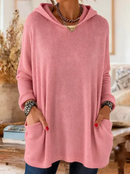 Women's Casual Knitted Pocket Hooded Tunic Top