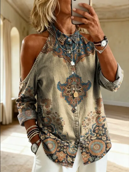 Women's Retro Pattern Ethnic Floral Art Print Casual Off-shoulder Washed Cotton Denim Top